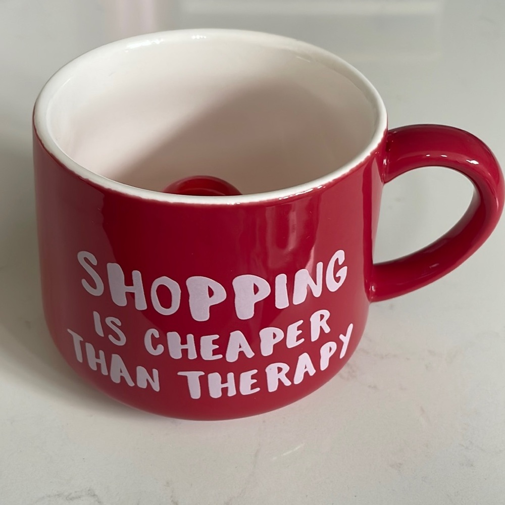 Whimsical Cupboard Red 'Shopping is Cheaper Than Therapy' Mug with Purse Inside
